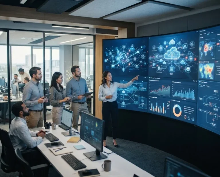 Modern business technology environment showing connected cloud, AI, cybersecurity, and automation systems