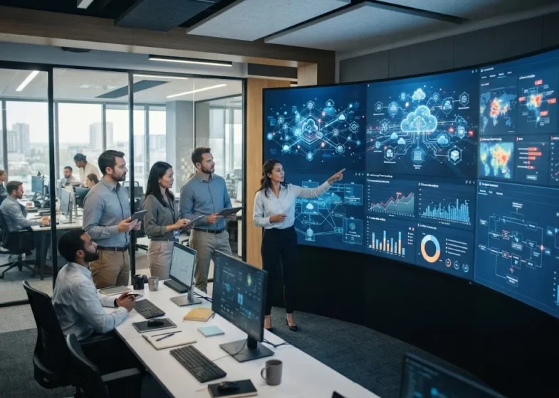 Modern business technology environment showing connected cloud, AI, cybersecurity, and automation systems
