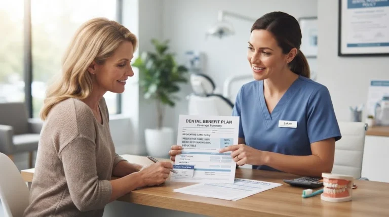 Patient reviewing dental insurance coverage documents with a dental care professional