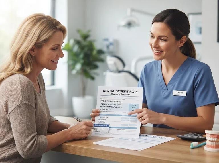 Patient reviewing dental insurance coverage documents with a dental care professional