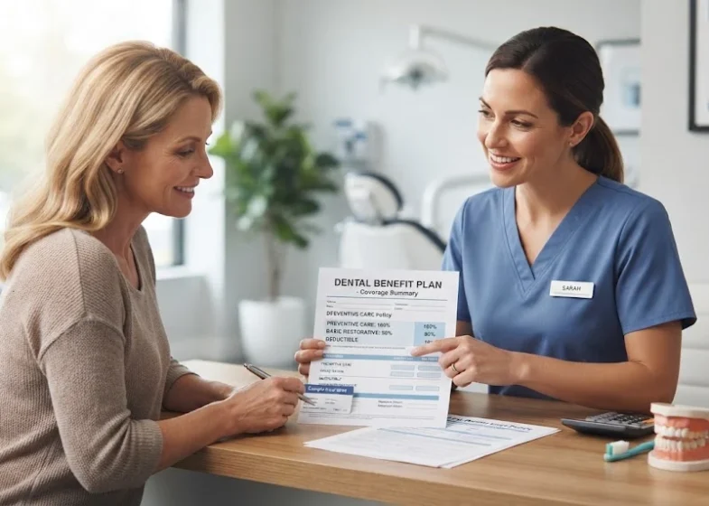 Patient reviewing dental insurance coverage documents with a dental care professional