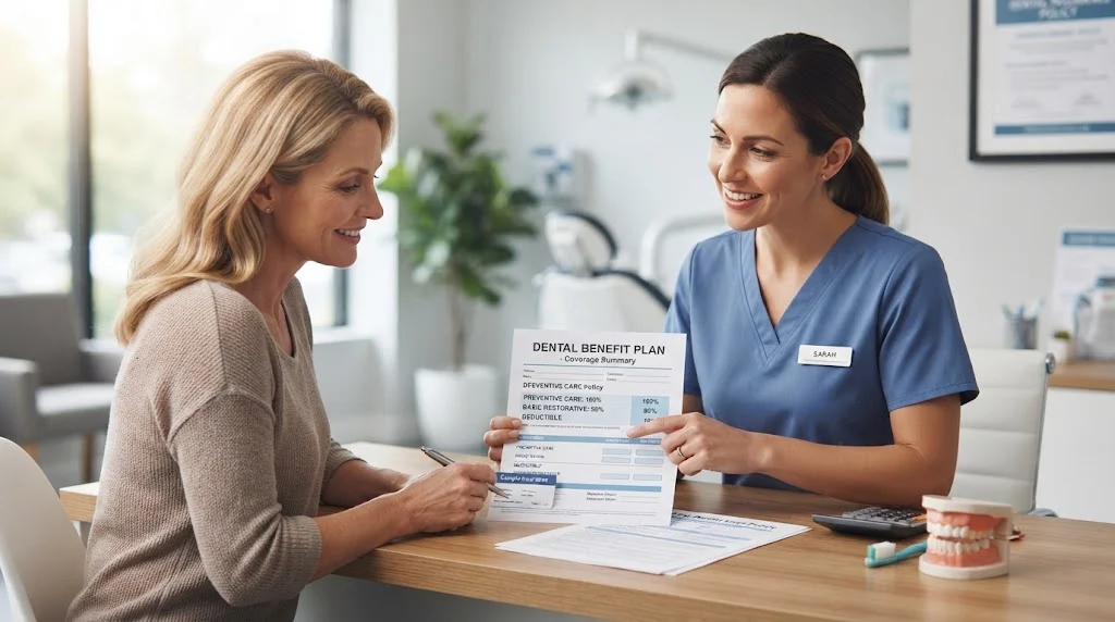Patient reviewing dental insurance coverage documents with a dental care professional