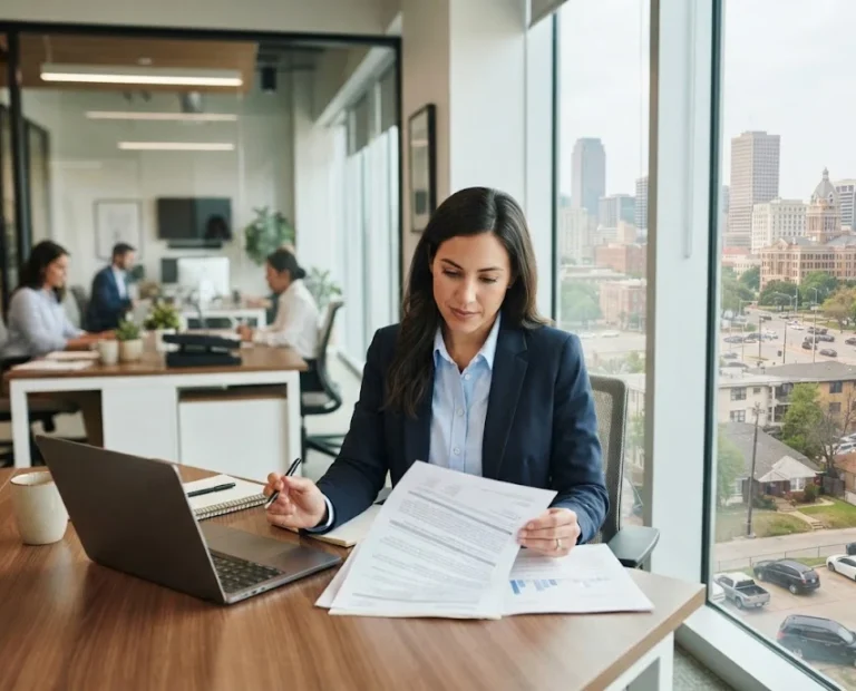 Insurance professional reviewing a policy document in a modern U.S. office