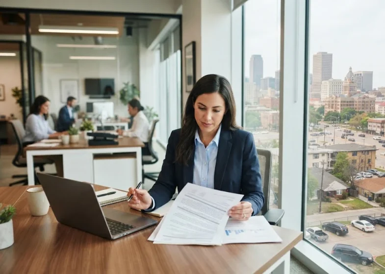 Insurance professional reviewing a policy document in a modern U.S. office
