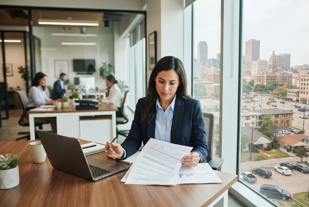 Insurance professional reviewing a policy document in a modern U.S. office