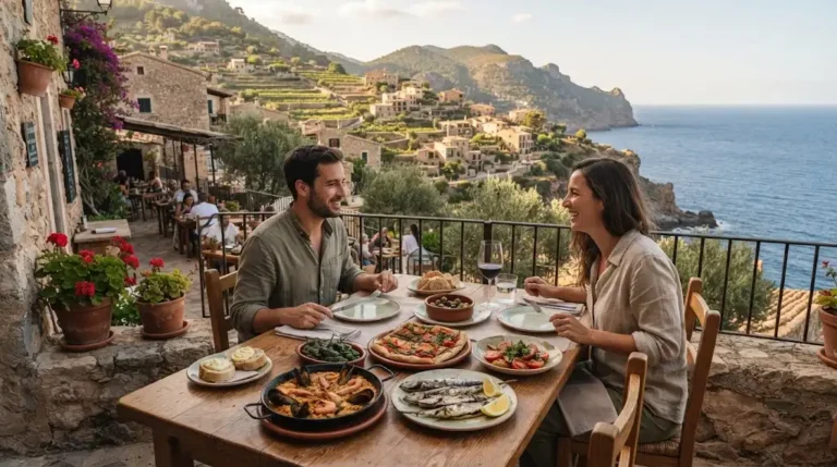 Mediterranean meal served on a restaurant terrace in Banyalbufar, Mallorca