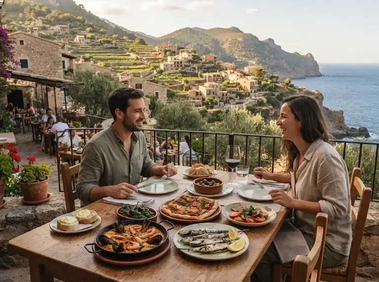 Mediterranean meal served on a restaurant terrace in Banyalbufar, Mallorca
