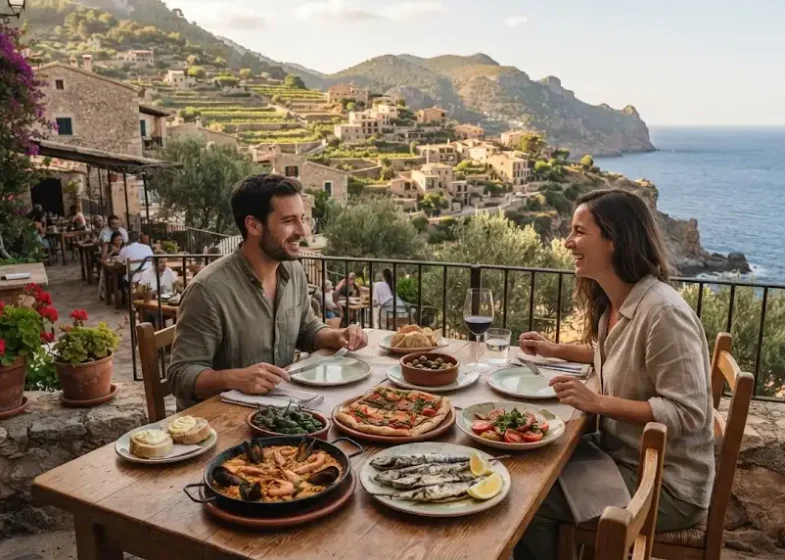 Mediterranean meal served on a restaurant terrace in Banyalbufar, Mallorca