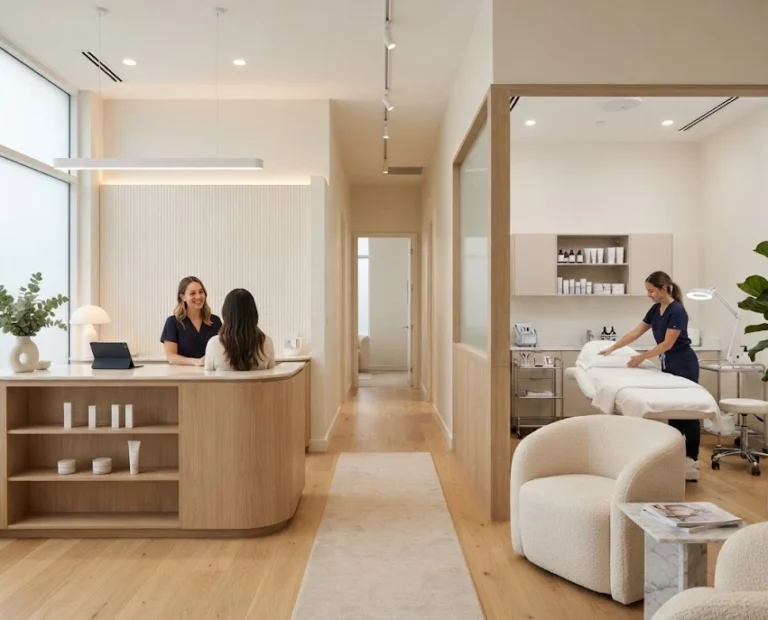 Modern beauty clinic interior with treatment room, reception area and professional lighting