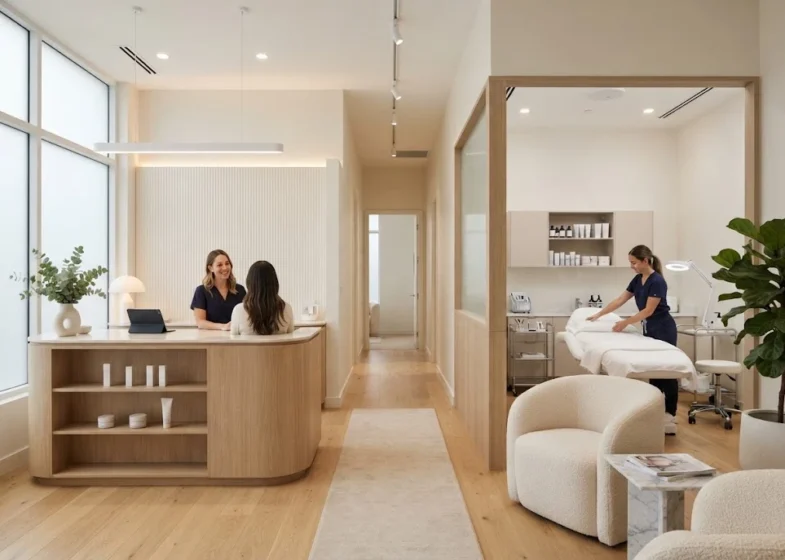 Modern beauty clinic interior with treatment room, reception area and professional lighting