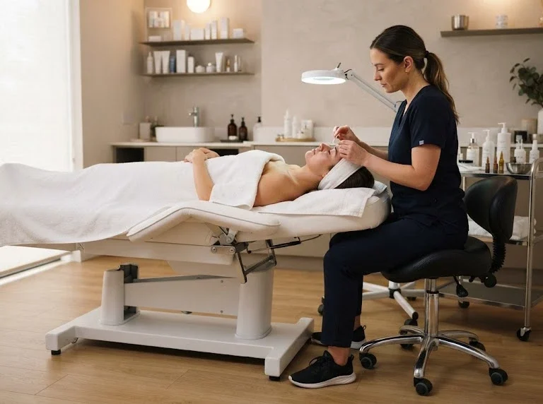 Ergonomic beauty salon stool beside a professional treatment bed