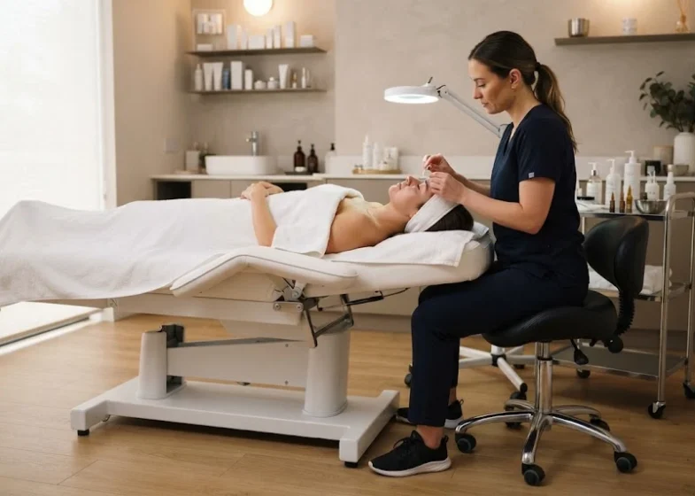 Ergonomic beauty salon stool beside a professional treatment bed