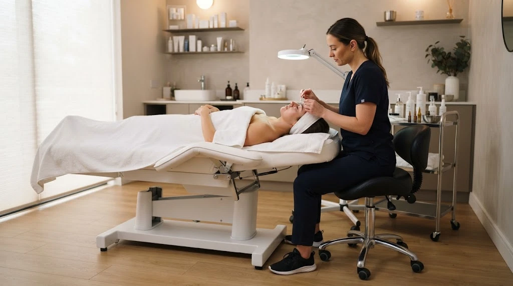 Ergonomic beauty salon stool beside a professional treatment bed