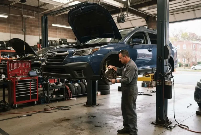 Mechanic inspecting a vehicle inside a professional auto repair service bay