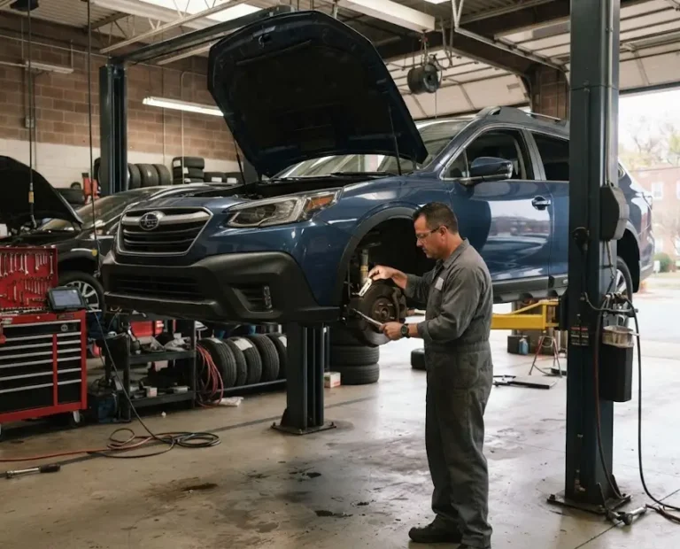 Mechanic inspecting a vehicle inside a professional auto repair service bay