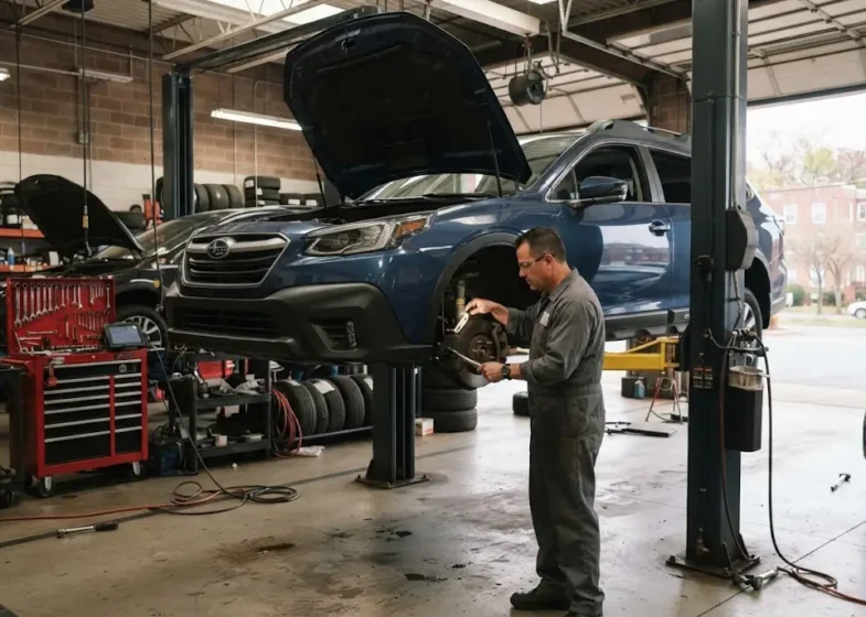 Mechanic inspecting a vehicle inside a professional auto repair service bay