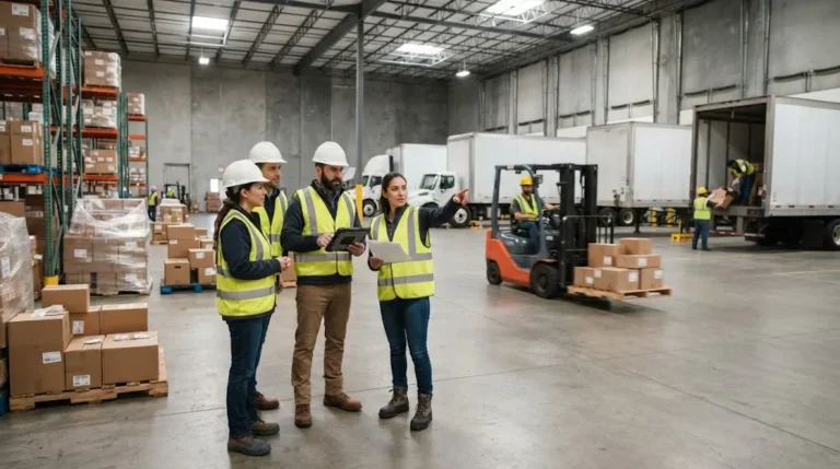 Logistics professionals coordinating freight operations inside a modern warehouse