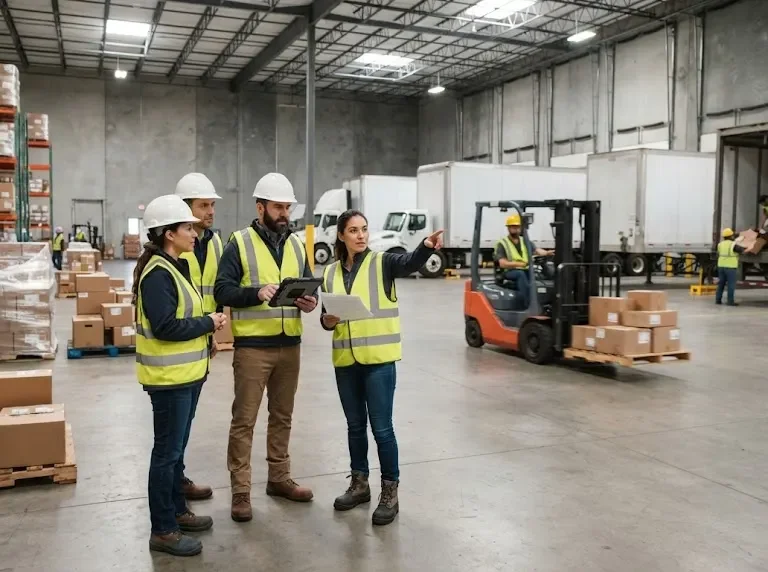 Logistics professionals coordinating freight operations inside a modern warehouse