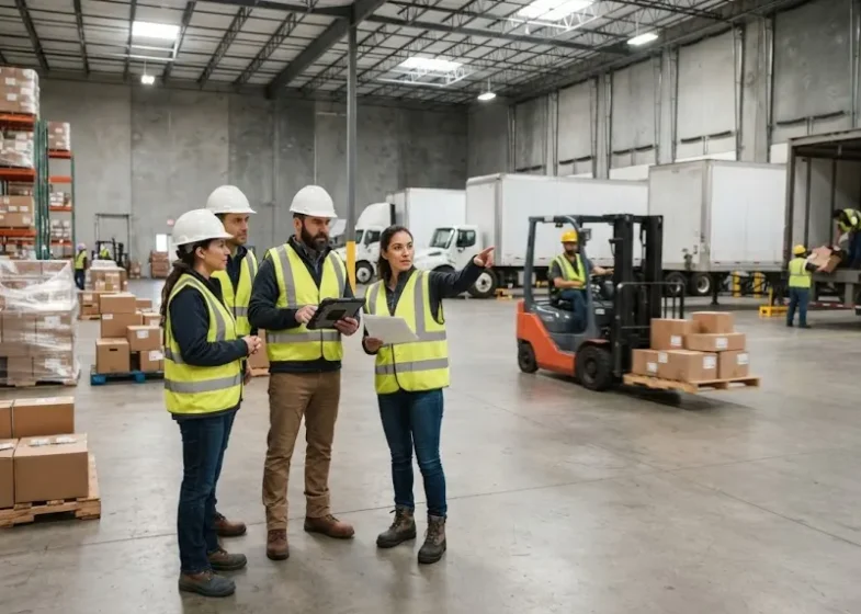 Logistics professionals coordinating freight operations inside a modern warehouse