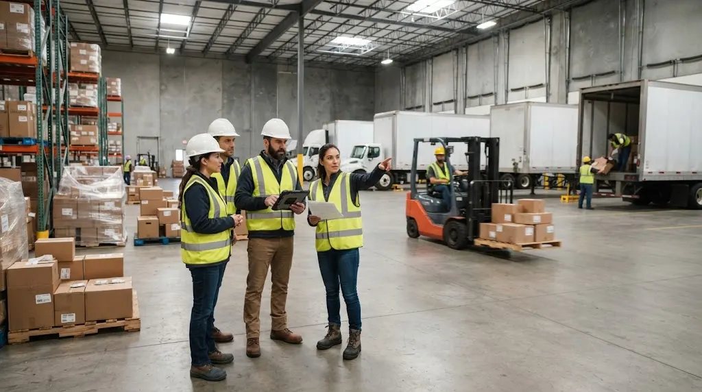 Logistics professionals coordinating freight operations inside a modern warehouse