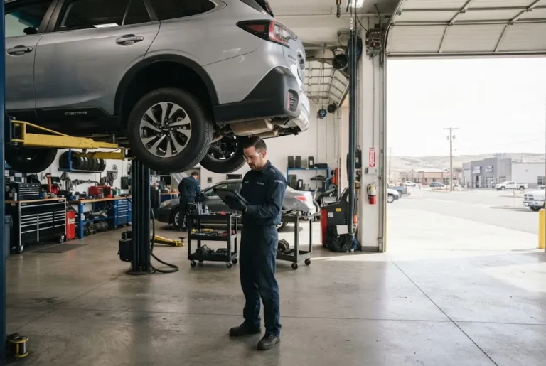 Professional auto repair technician inspecting a vehicle in a Cheyenne workshop