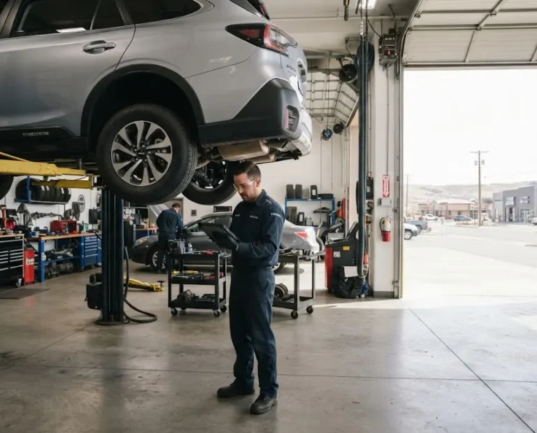 Professional auto repair technician inspecting a vehicle in a Cheyenne workshop