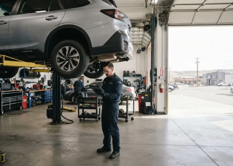 Professional auto repair technician inspecting a vehicle in a Cheyenne workshop
