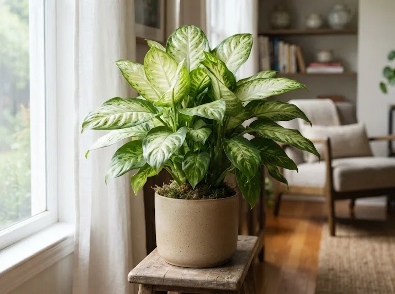 A healthy Dieffenbachia growing indoors in bright filtered light with attractive variegated foliage.
