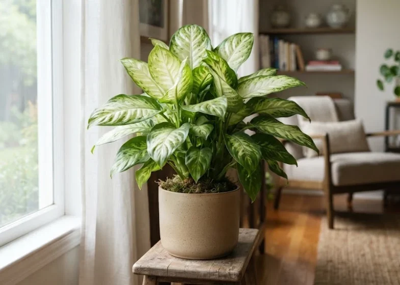 A healthy Dieffenbachia growing indoors in bright filtered light with attractive variegated foliage.