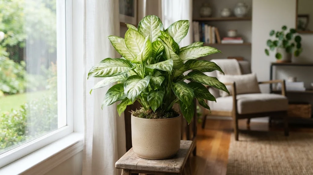 A healthy Dieffenbachia growing indoors in bright filtered light with attractive variegated foliage.