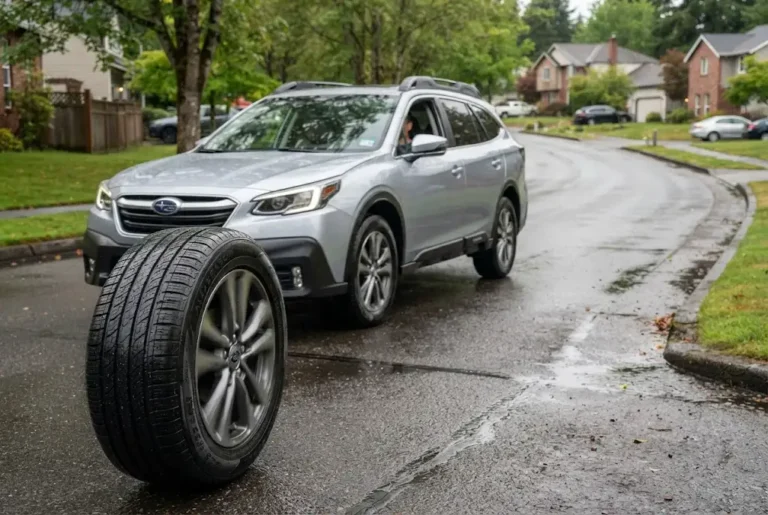 Passenger car fitted with all-season performance tires on a wet roadway