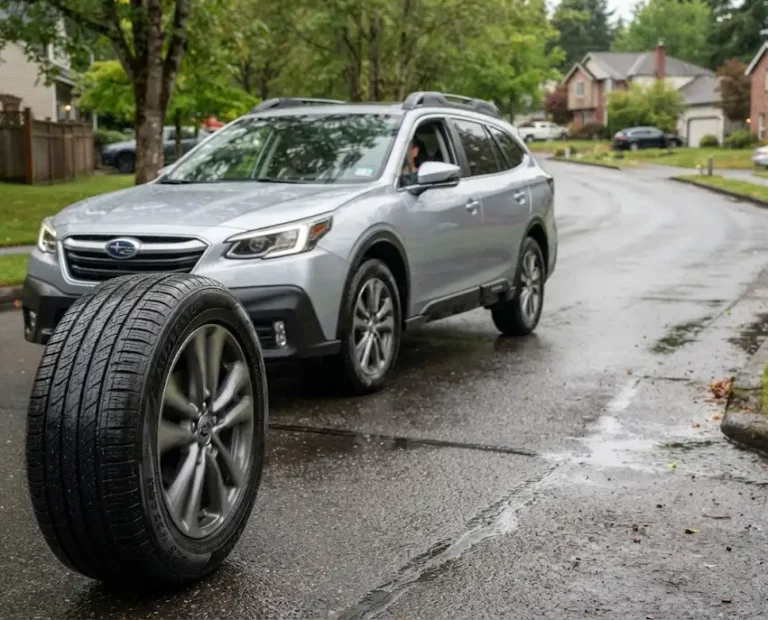 Passenger car fitted with all-season performance tires on a wet roadway