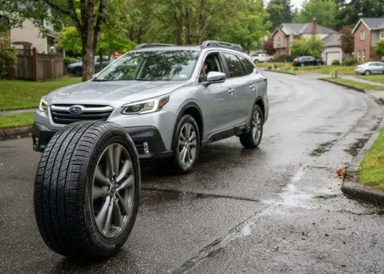 Passenger car fitted with all-season performance tires on a wet roadway