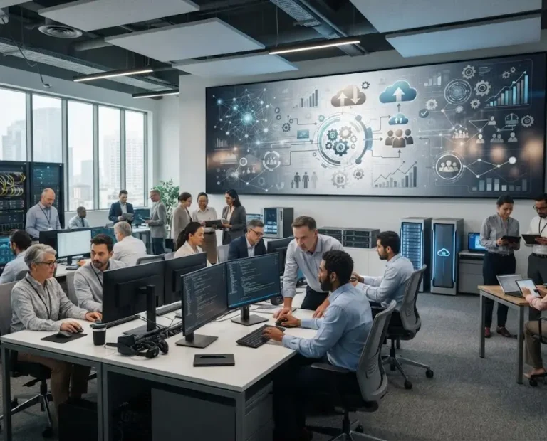 IT professionals working in a modern technology office during an organizational restructuring