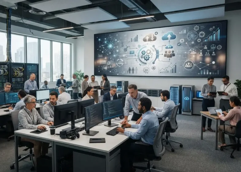 IT professionals working in a modern technology office during an organizational restructuring