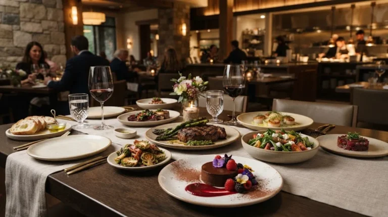 Selection of grilled food, seafood, salad, appetizers, and dessert on a restaurant table