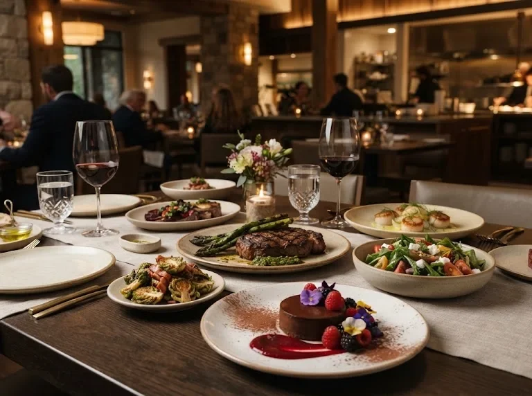 Selection of grilled food, seafood, salad, appetizers, and dessert on a restaurant table
