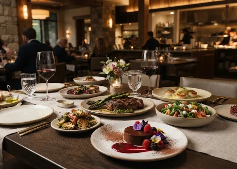Selection of grilled food, seafood, salad, appetizers, and dessert on a restaurant table