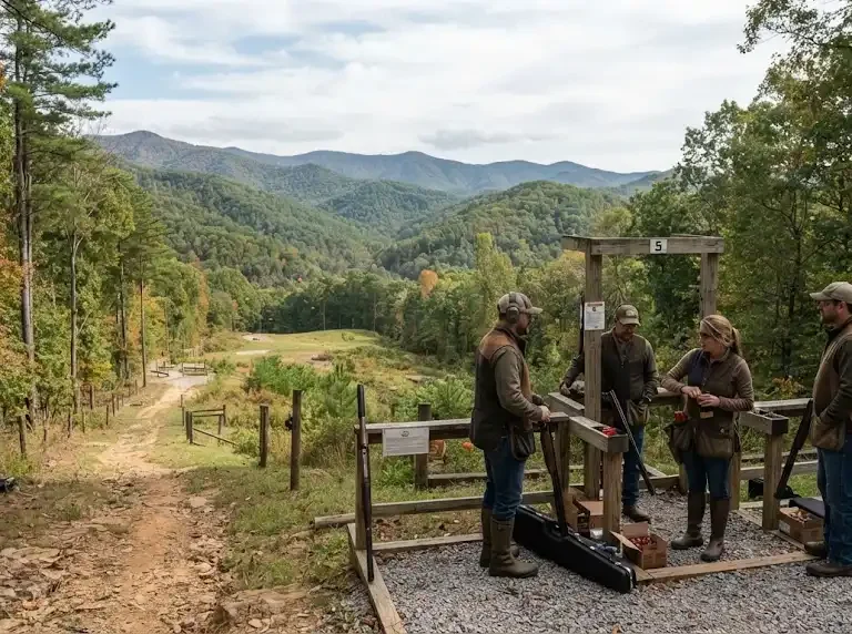 Outdoor sporting clays course in a wooded North Carolina setting