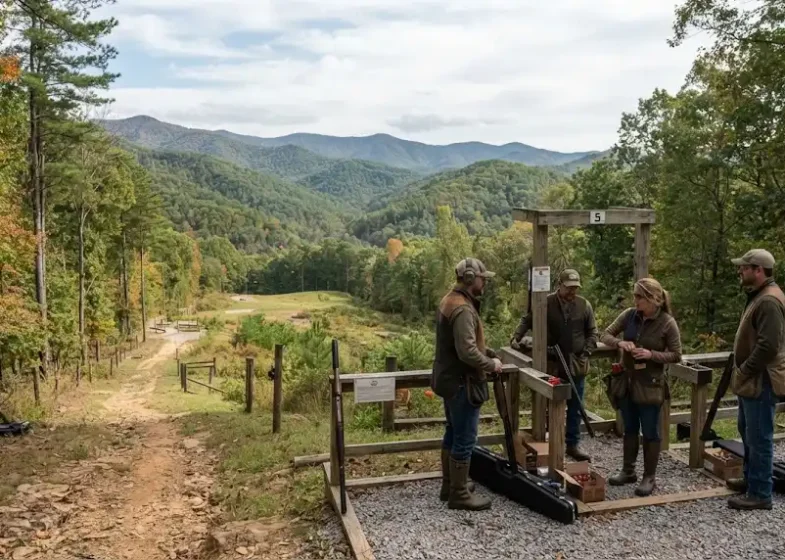 Outdoor sporting clays course in a wooded North Carolina setting