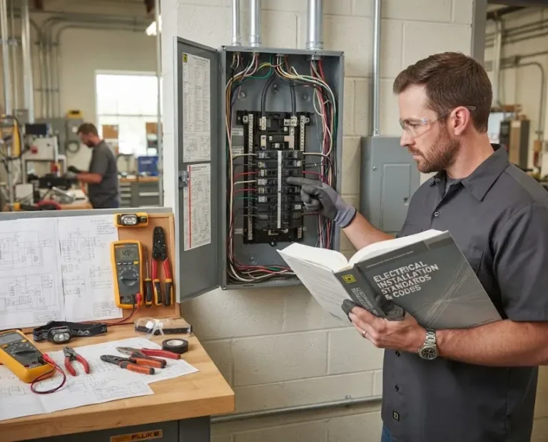 Professional electrician reviewing the latest NEC book and electrical code requirements