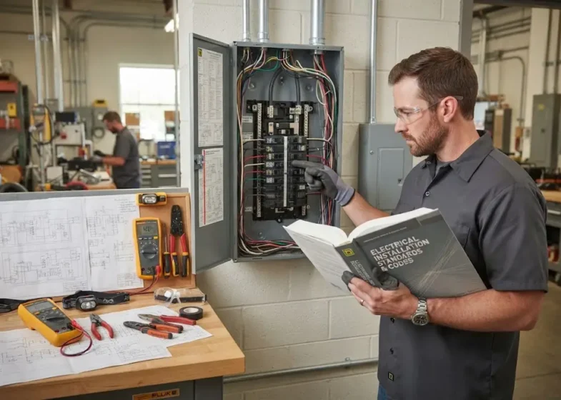 Professional electrician reviewing the latest NEC book and electrical code requirements