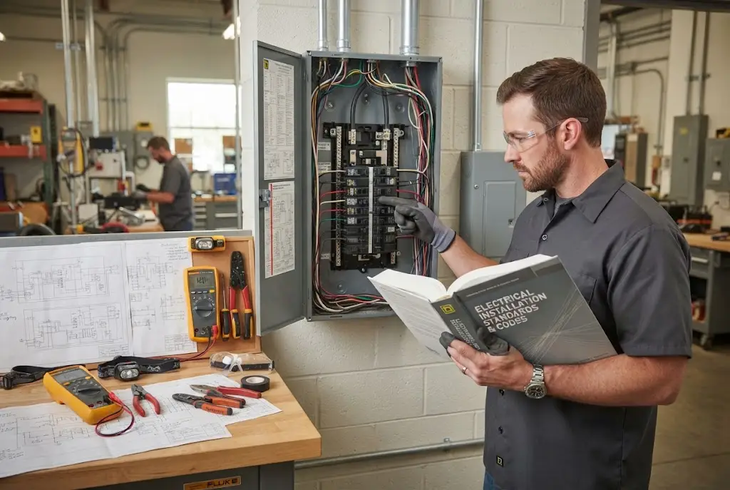 Professional electrician reviewing the latest NEC book and electrical code requirements