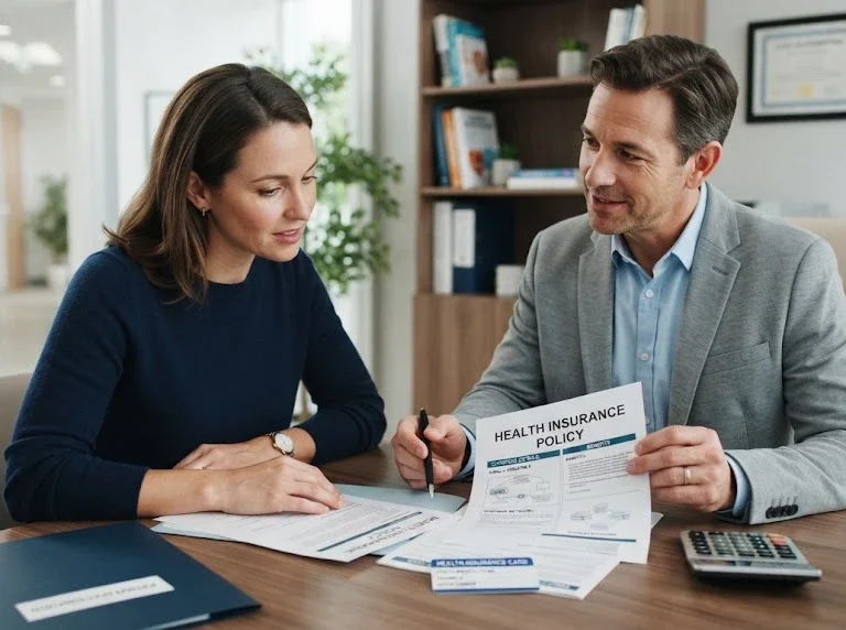 Person reviewing health insurance coverage documents with a healthcare representative