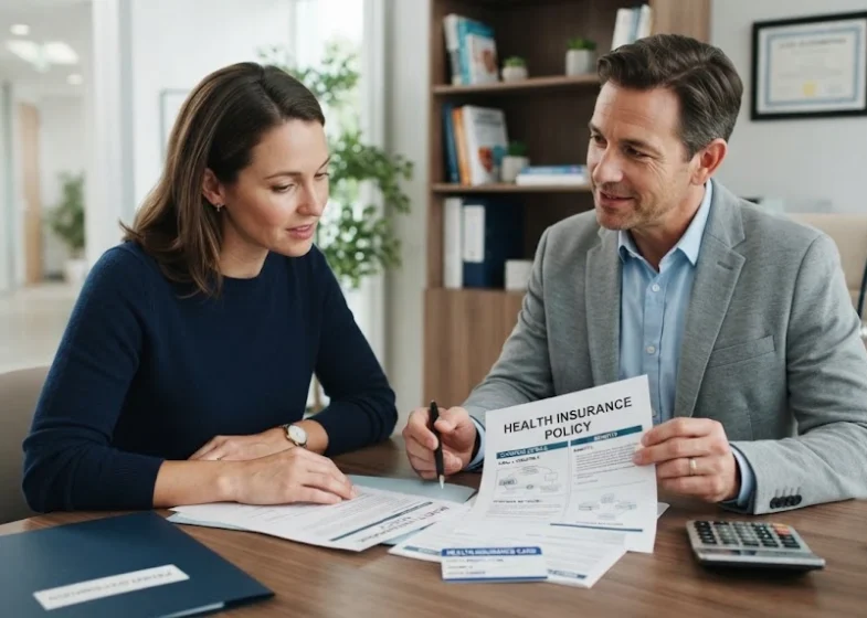 Person reviewing health insurance coverage documents with a healthcare representative