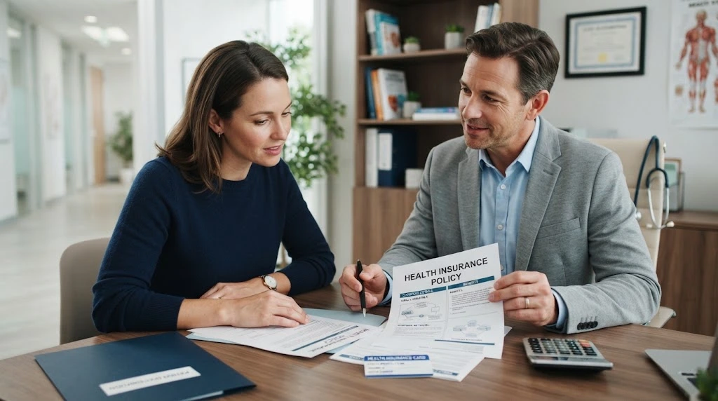 Person reviewing health insurance coverage documents with a healthcare representative