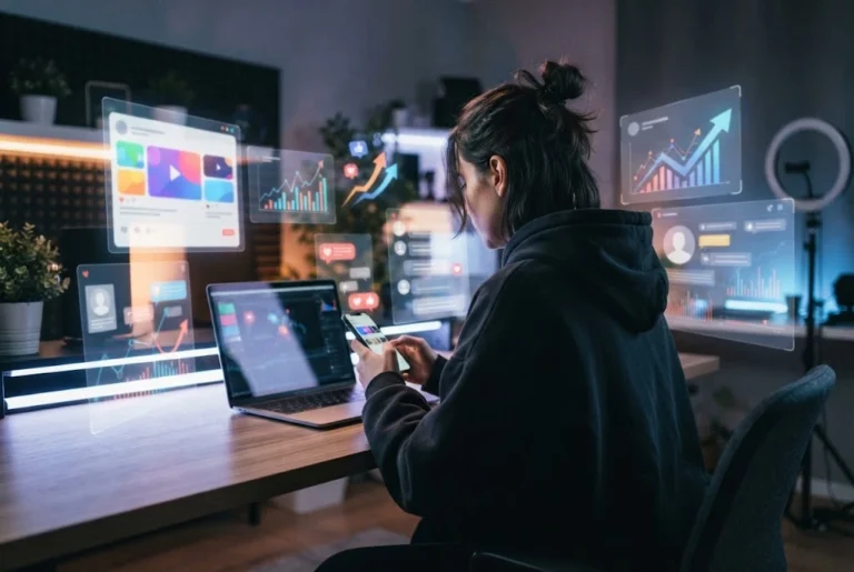 Content creator exploring viral internet trends on a smartphone and laptop