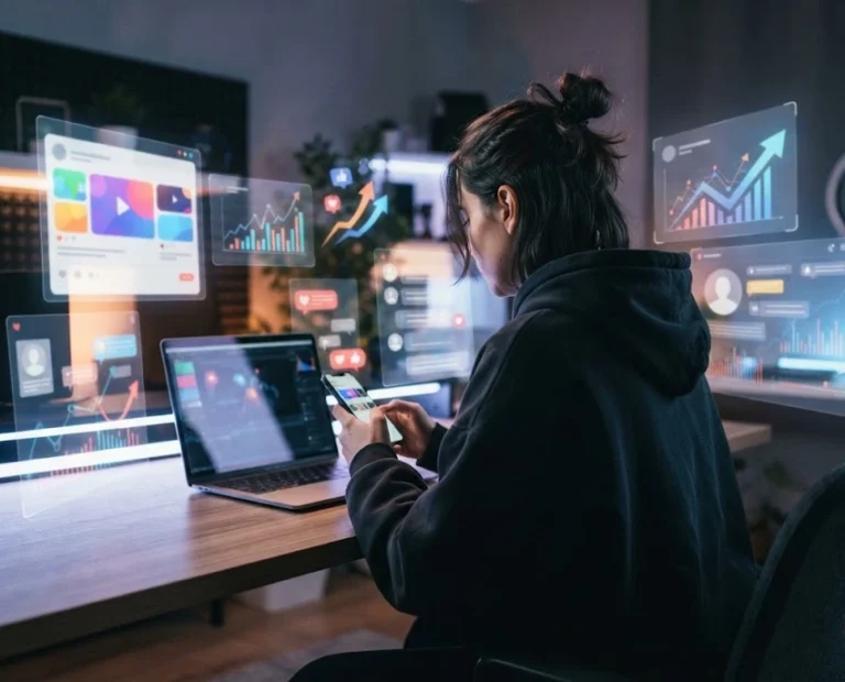 Content creator exploring viral internet trends on a smartphone and laptop