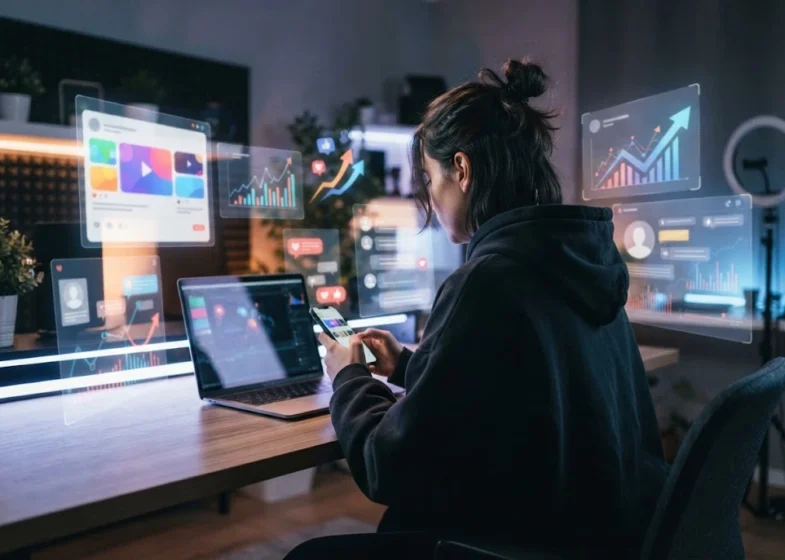 Content creator exploring viral internet trends on a smartphone and laptop