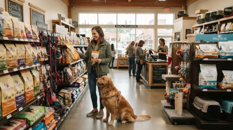 Pet owner browsing pet supplies with a dog in a local pet store